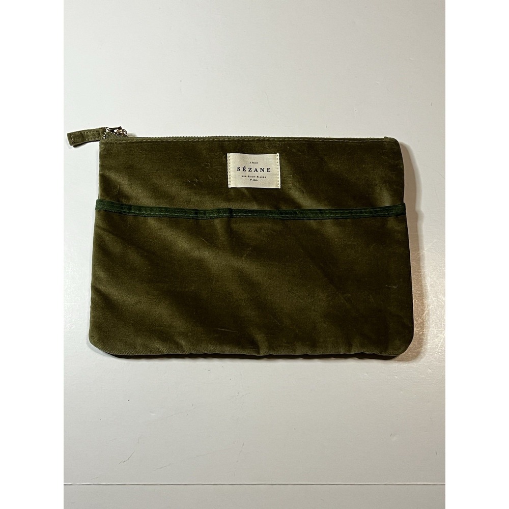 Sezane Olive Green Velvet Zippered Clutch Bag Pouch NWOT
